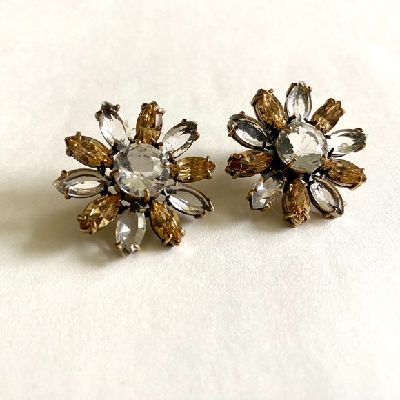 Vintage Large Floral Statement Stud Earrings with Transparent and Amber Petals - Picture 1 of 8